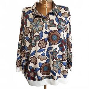 Vintage Blair Blue & Tan Floral Blouse Size XL